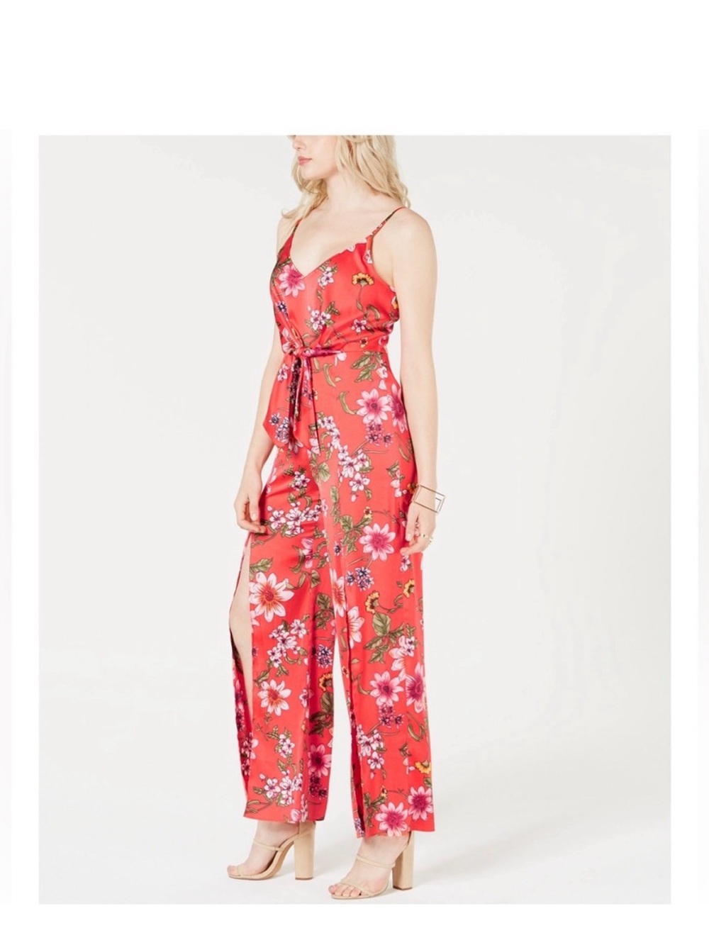 Guess Orange Floral Tie-Waist Wide-Leg Jumpsuit